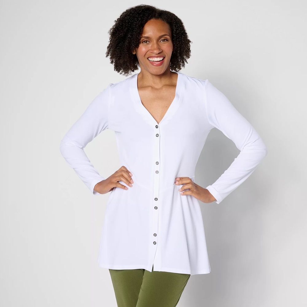 Susan Graver Weekend QVC White Button-Up Cardigan with Pockets